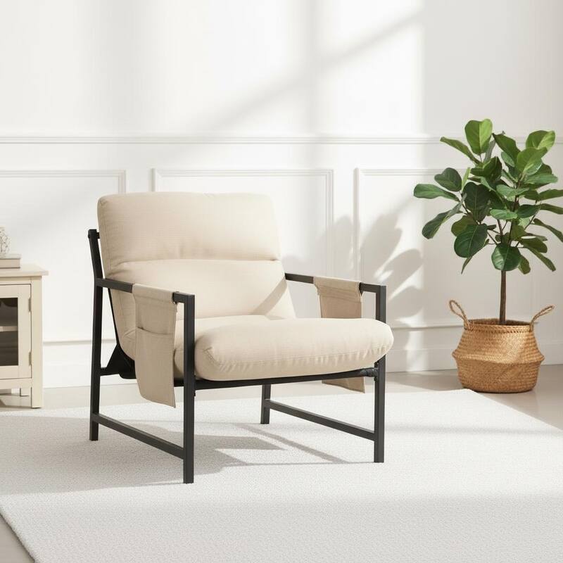 Upholstered Sling Accent Chair Modern Style, Cozy Armchair With Metal Frame And Storage Pocket