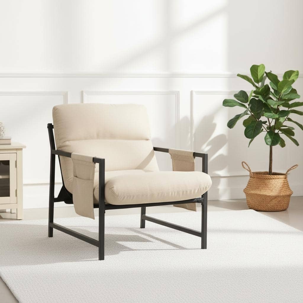 Upholstered Sling Accent Chair Modern Style, Cozy Armchair With Metal Frame And Storage Pocket