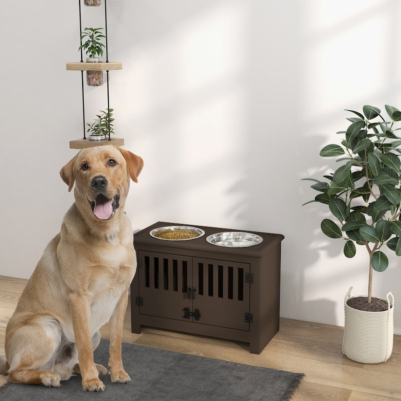 Elevated Pet Feeder Stand for Large Dogs with Storage Cabinet and 2 Stainless Steel Bowls - 23.5" L x 11.75" W x 17" H - Brown