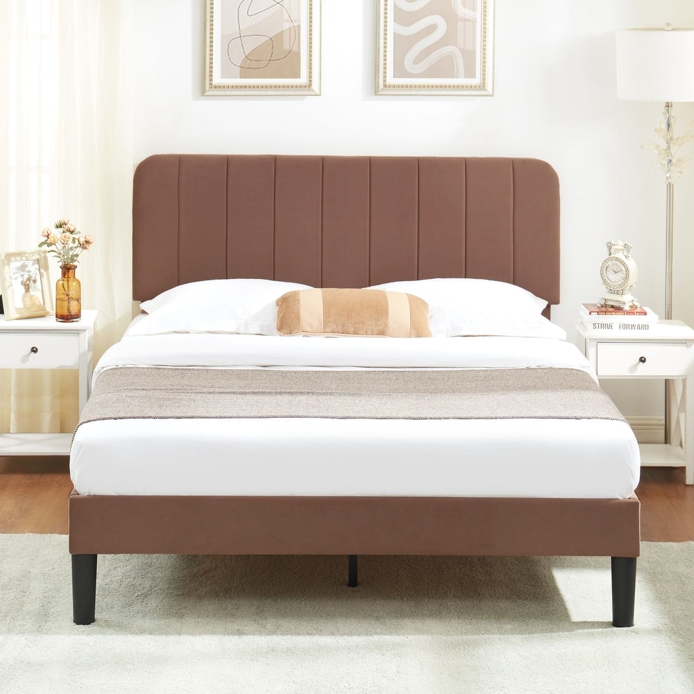VECELO Modern Upholstered Platform Bed Frame with Adjustable Velvet Headboard Under-Bed Space for Storage No Box Spring Needed