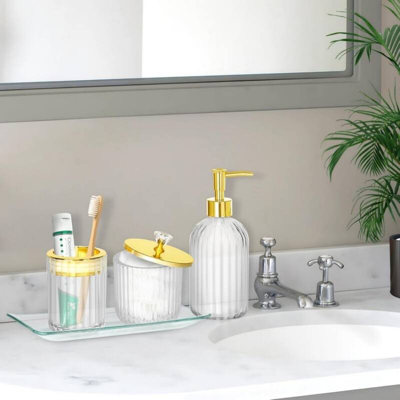 4-piece bathroom accessories set with soap dispenser, toothbrush holder, medicine bottle, tray