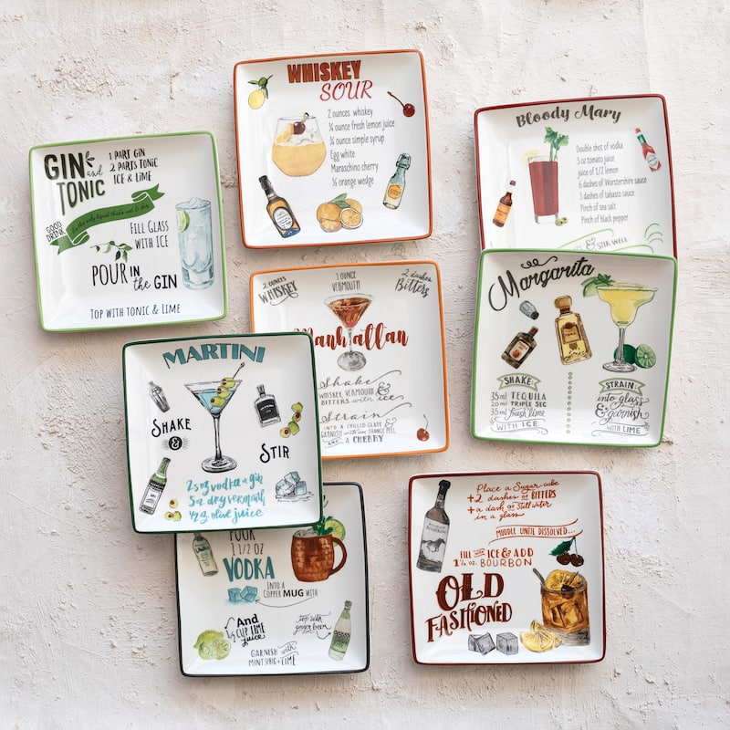 Stoneware Plate Set with Cocktail Recipes Design - 6.0"L x 6.0"W x 0.5"H - 8 Piece - Multi - 6.0"L x 6.0"W x 0.5"H