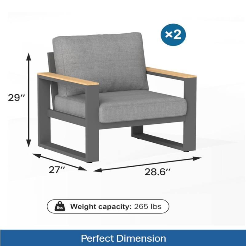 Set of 2 26.6" Aluminum Patio Armchairs with Thick Gray Cushions
