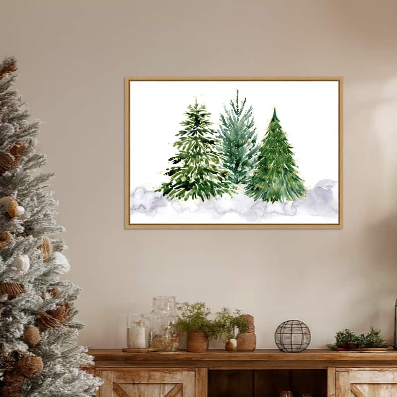Three watercolor Christmas trees by Rosana Laiz Blursbyai Framed Canvas Wall Art Print