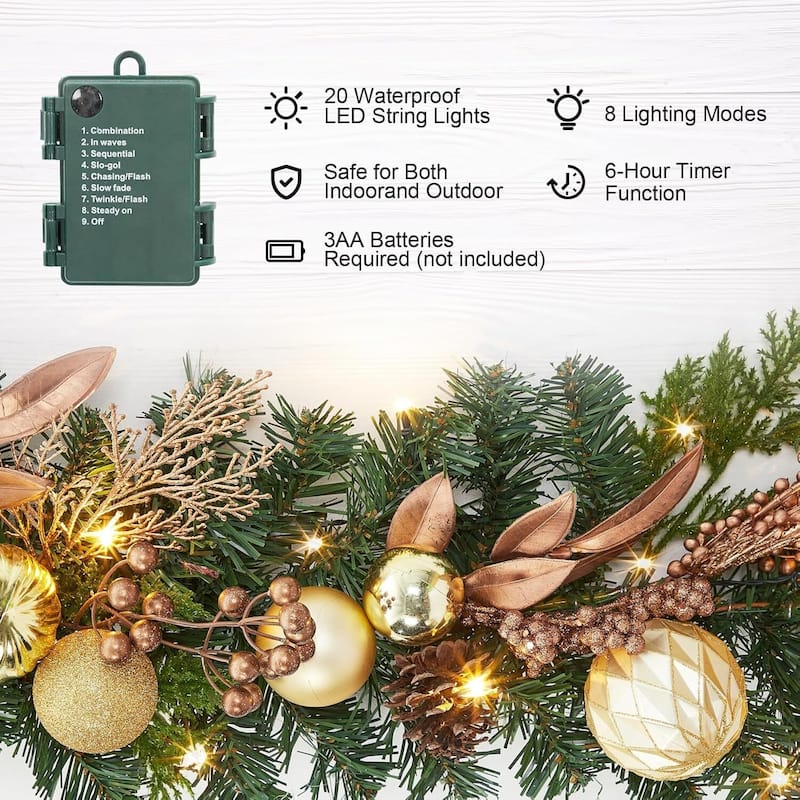 6Ft Pre-Lit Christmas Garland, Artificial Lighted Xmas Garland with 20 LED Lights