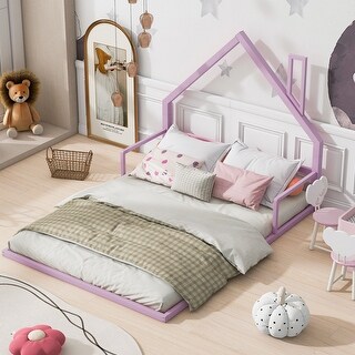 Pink Full Size Metal Floor Bed with House-shaped Headboard