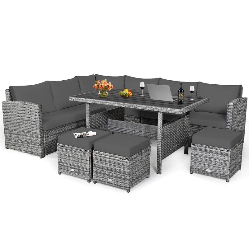 7 Pcs All-Weather Patio Rattan Dining Furniture Sectional Sofa Set with Wicker Ottoman and Cushed Couch