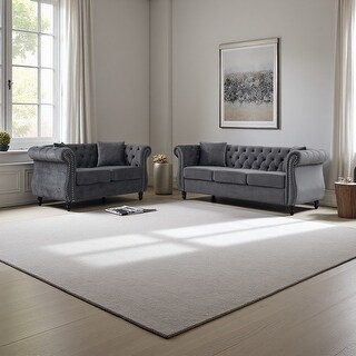 Velvet Chesterfield Sofa Set with Tufted Back, Rolled Arms and Nailhead ...