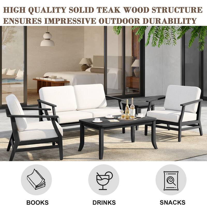 5-Piece Outdoor Teak Wood Patio Conversation Set with Cushions