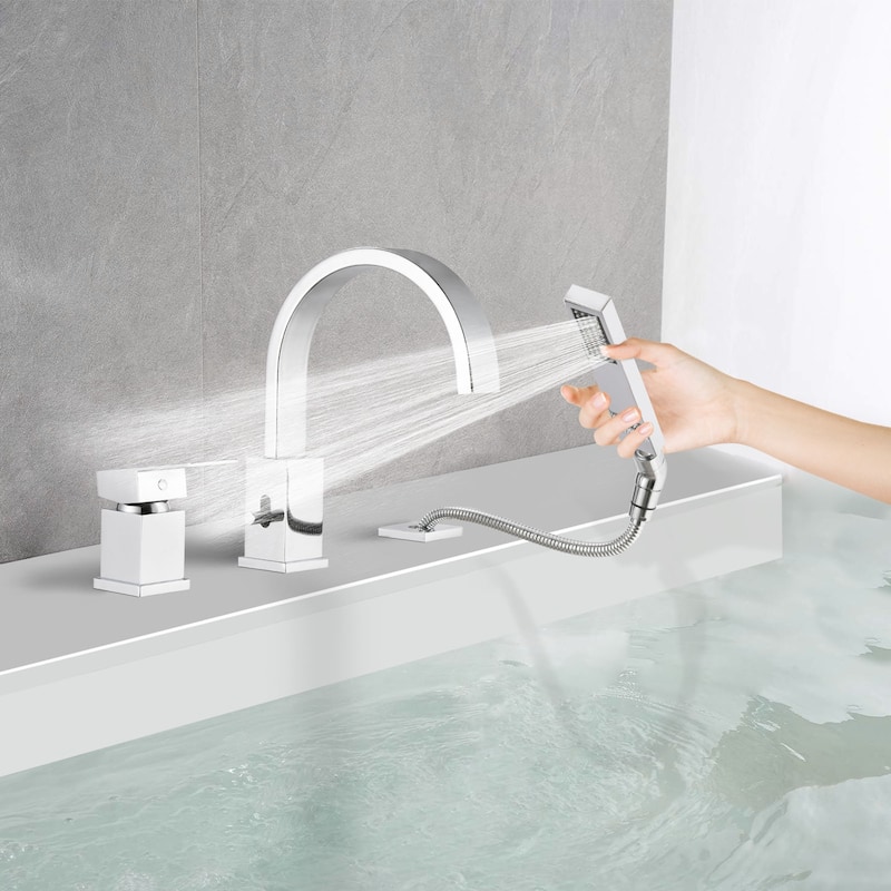 Waterfall Bathtub Faucet with Sprayer, 3-Hole Roman Tub Filler with Hand Shower Deck Mount Waterfall Tub Spout Set