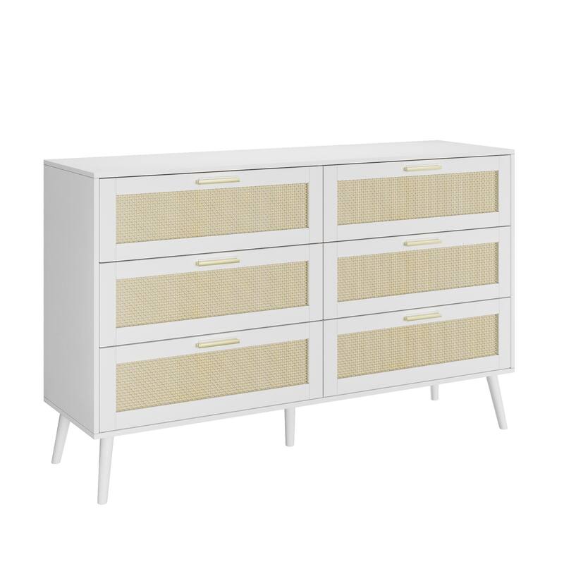 Rattan 6 Drawers Chest of Dressers for Bedroom 6 Drawer Dresser, Wide Chest with Handles for Living Room, Bedroom, Hallway