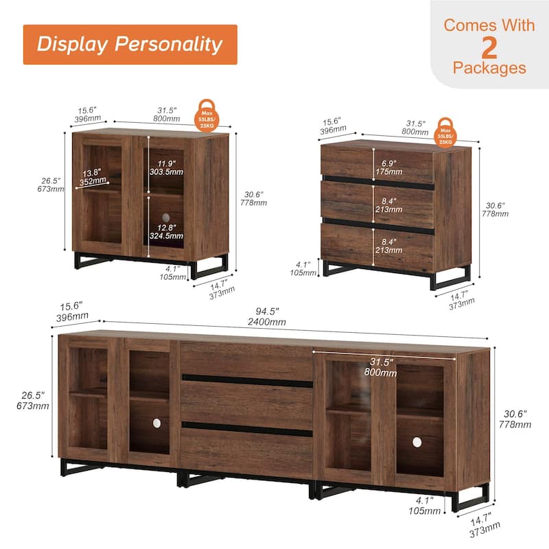 3 In 1 TV Stand for Tvs Up To 100 Inch, Modern Entertainment Center with Glass Doors and Drawer for Living Room