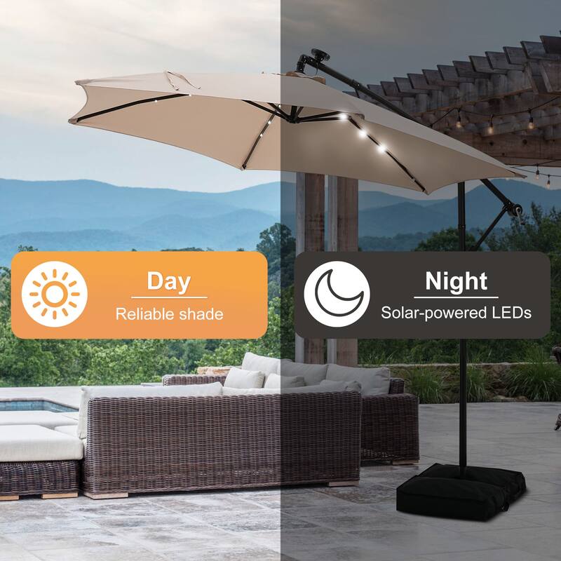 Autlaycil 10ft Offset Hanging Market Patio Umbrella With Base&Solar Lights