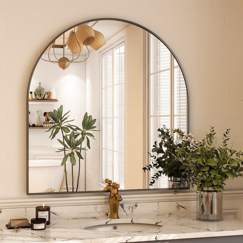 Bathroom Mirror Arch-Top Wall Mounted Decor Mirror - 32"x34" - Black