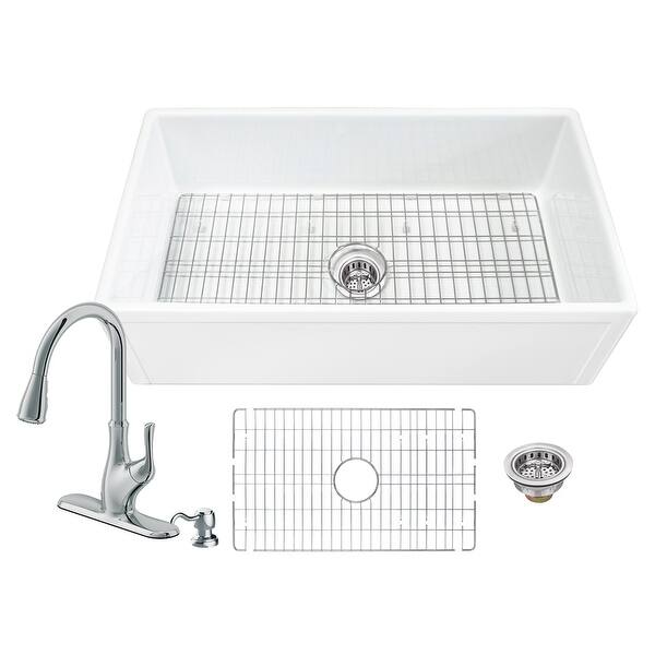 slide 1 of 25, Soleil All-In-One Fireclay Picture Frame Single Bowl Sink and Faucet