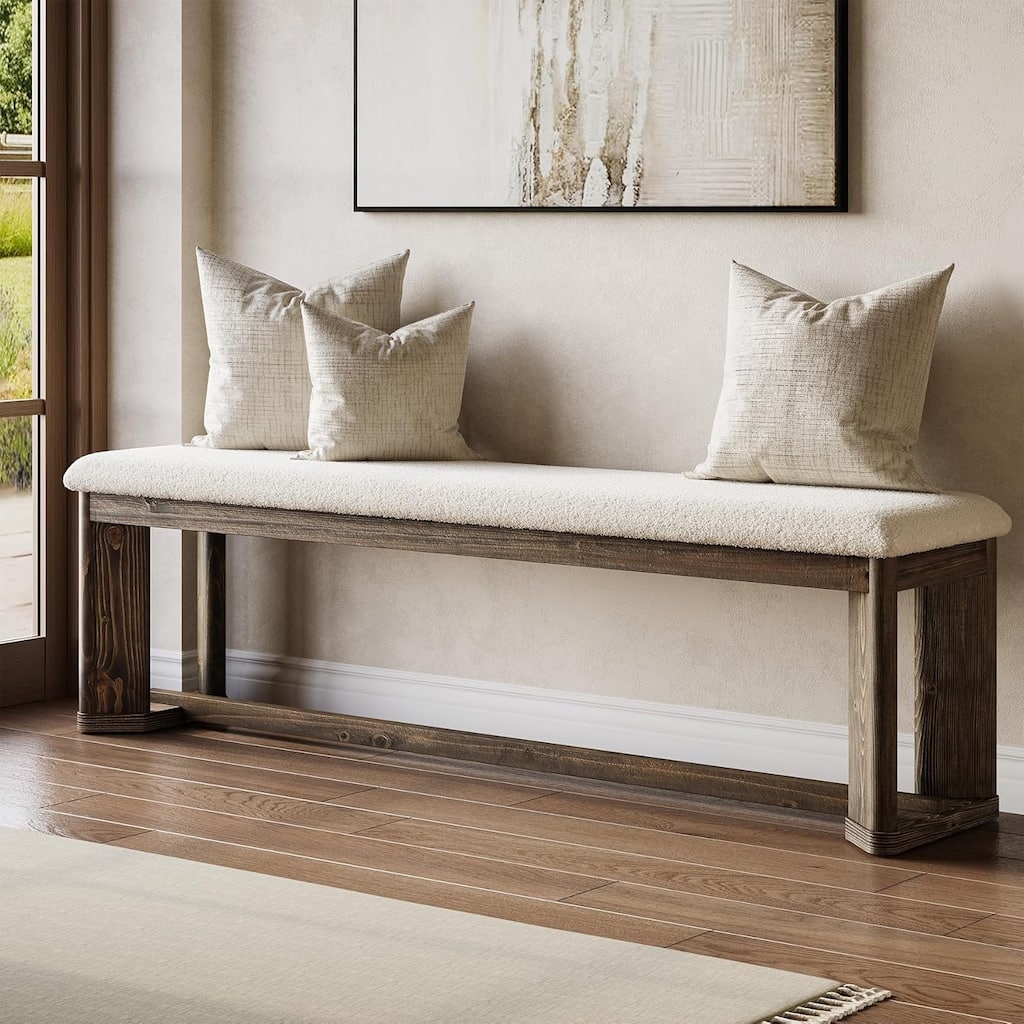 63" Solid Wood Upholstered Bench, Modern Rustic Entryway Bench with Cushion - 62.99" W x 13.78" D x 18.11" H