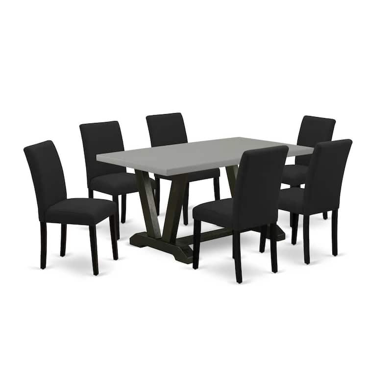 Modern 7 Piece Dining Set - Rectangular Table with 6 Upholstered Chairs - Black Finish