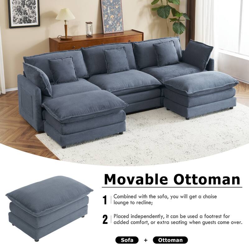 Roomfitters Large Modular Corduroy L-Shape Sectional Sofa with Side Storage Pockets for Living Room Functionality
