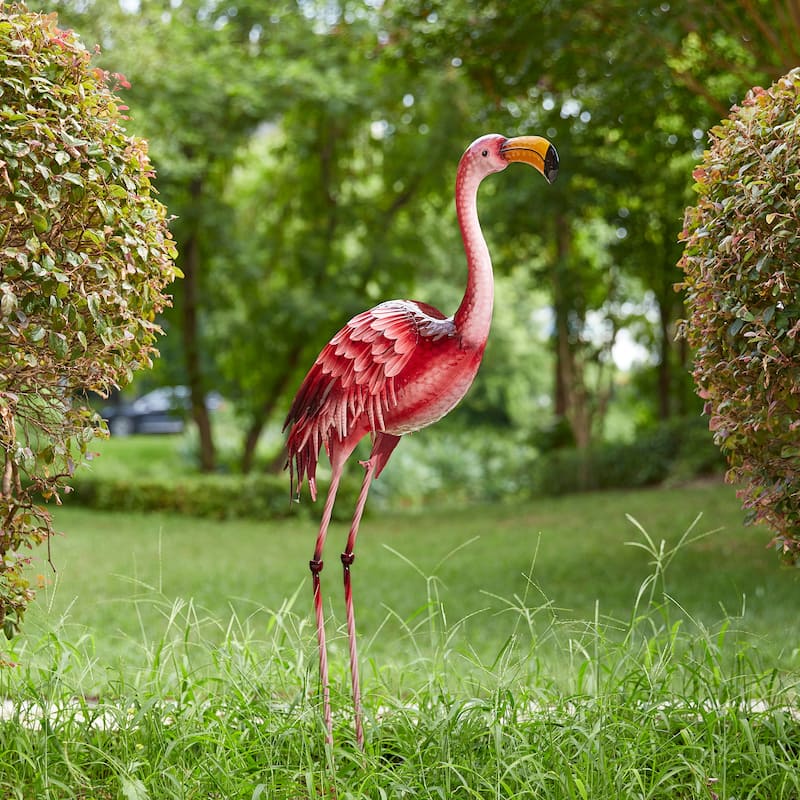Glitzhome Metal Standing Crane Flamingo Garden Statue with Stakes Yard Art Sculpture Porch Decor - 38.5"H Flamingo