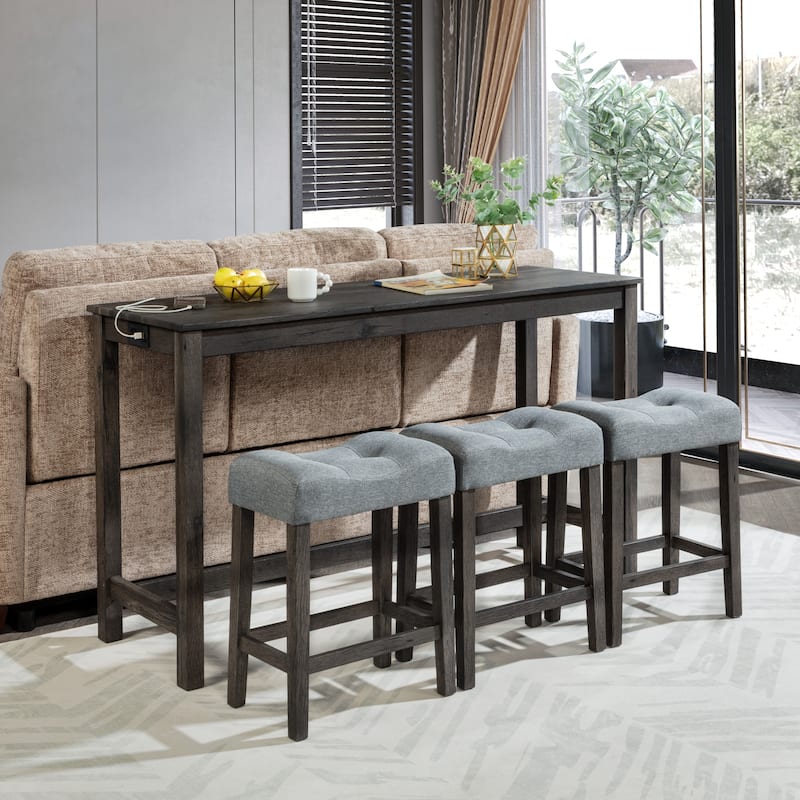 GDFStudio - Calverly 4-Piece Industrial Bar Table Set with USB Power Station and 3 Linen Upholstered Stools - Dark Gray