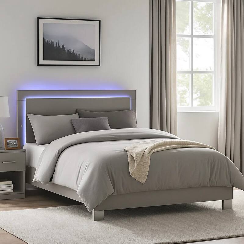 Suni Queen Size Bed w LED Headboard, Light Taupe Gray Wood Frame
