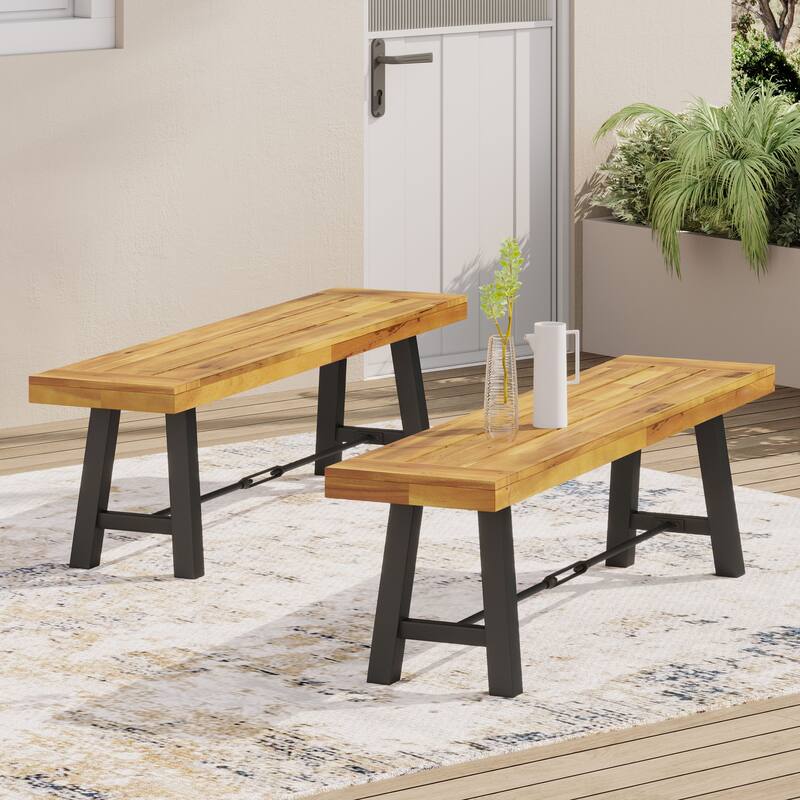 Roomfitters Outdoor Acacia Wood Bench with Black Metal Legs, Patio Dining or Garden Seating, Teak