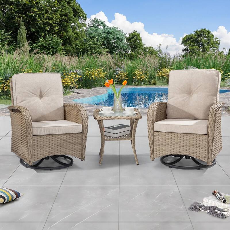 Cozywor 3-Piece Wicker Patio Swivel Outdoor Rocking Chair Conversation Set - Light Brown/Beige