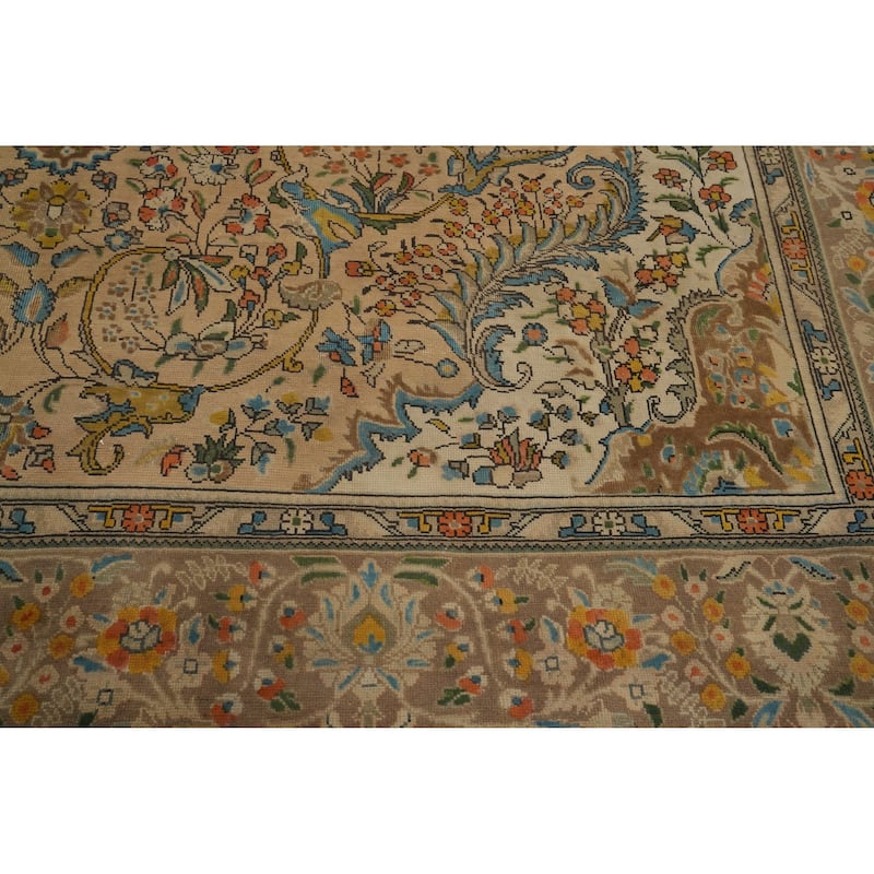 Hand Knotted Oriental 100% Wool Carpet Traditional Floral Brown Tabriz Area Rug - 12' 8'' X 9' 7''