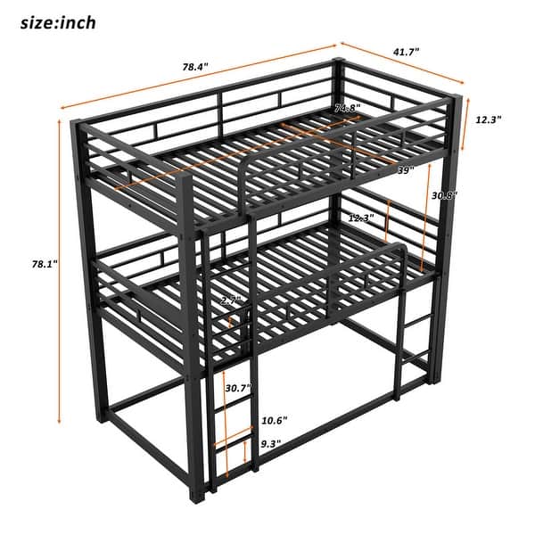 dimension image slide 1 of 2, Metal Triple Bunk Beds, 3 Twin Bunk Beds for Kids Teens Boys Grils,Metal Heavy Duty Bunk Bed with Guardrail and Ladder