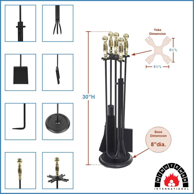 Achla Designs Chelmsford Fireplace Set of 4 Tools, 30.25 Inch Tall, Antique Brass and Black