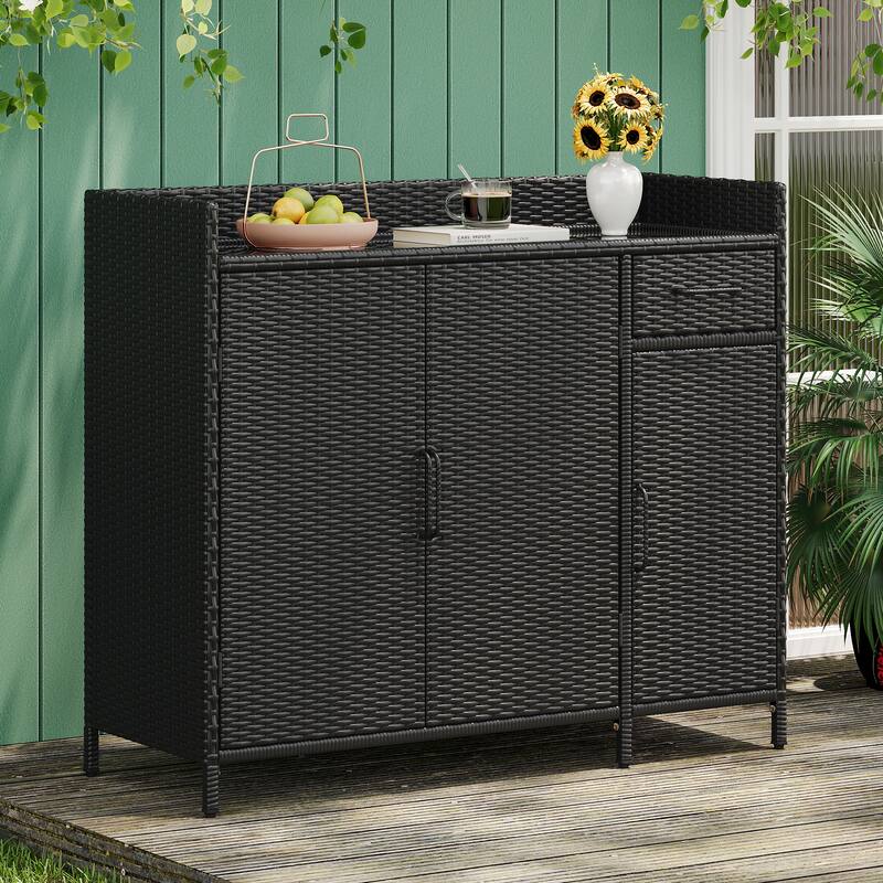 47.5"W Wicker Outdoor Storage Cabinet with Glass Desktop, Weather-proof Rattan Bar Table with Three Doors, Adjustable Shelf