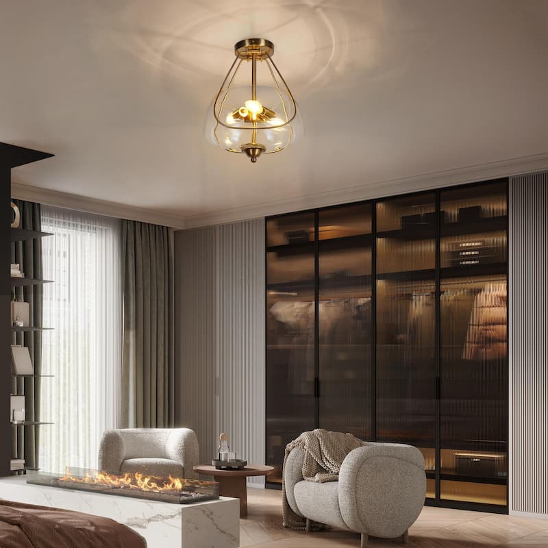 Modern Glam Gold 3-Light Urn Chandelier Glass Flush Mount Ceiling Light for Dining Room - D11.8" x H14"