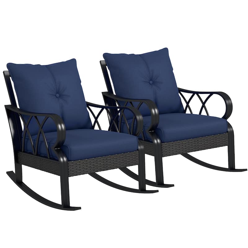 Outsunny 2 Piece Outdoor Wicker Rocking Chairs with Padded Cushions, Aluminum Furniture Rattan Porch Rocker Chairs w/ Armrest