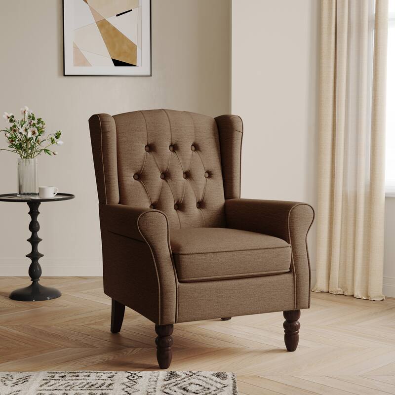 Button-Tufted Accent Chair Wingback Armchair - 38"H - Brown
