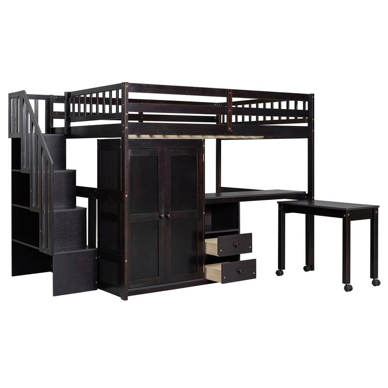 Multifunctional Full Size Loft Bed with Stairs, Bookshelf, Drawers, Desk & Wardrobe for Kids & Teens