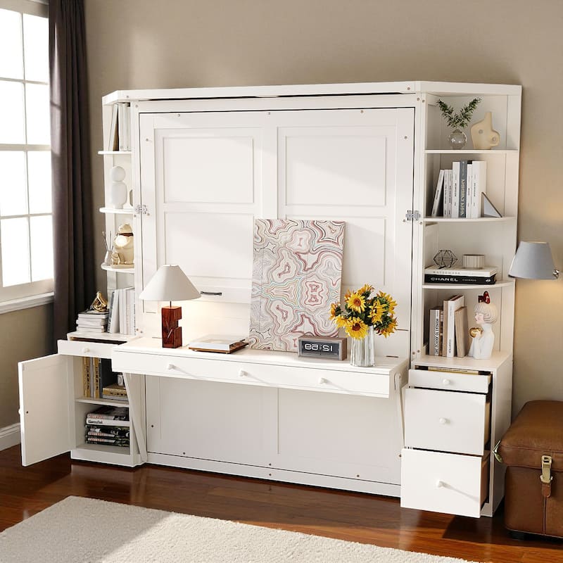 Queen Murphy Bed with Desk, Storage Shelves and Cabinets, Hidden Wall Bed for Home Office Space Saving Furniture