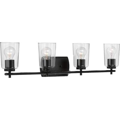 Adley Collection Four-Light Matte Black Clear Glass New Traditional Bath Vanity Light - 32 in x 6 in x 7.625 in