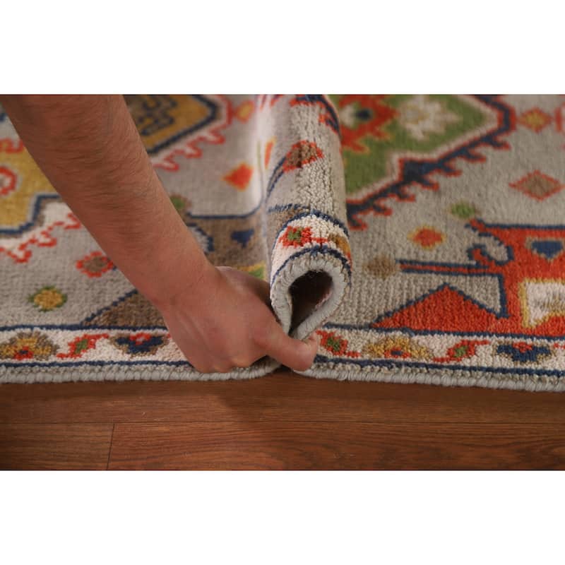 Geometric Green Kazak Indian Runner Rug Handmade Wool Carpet - 2'7"x 9'1"