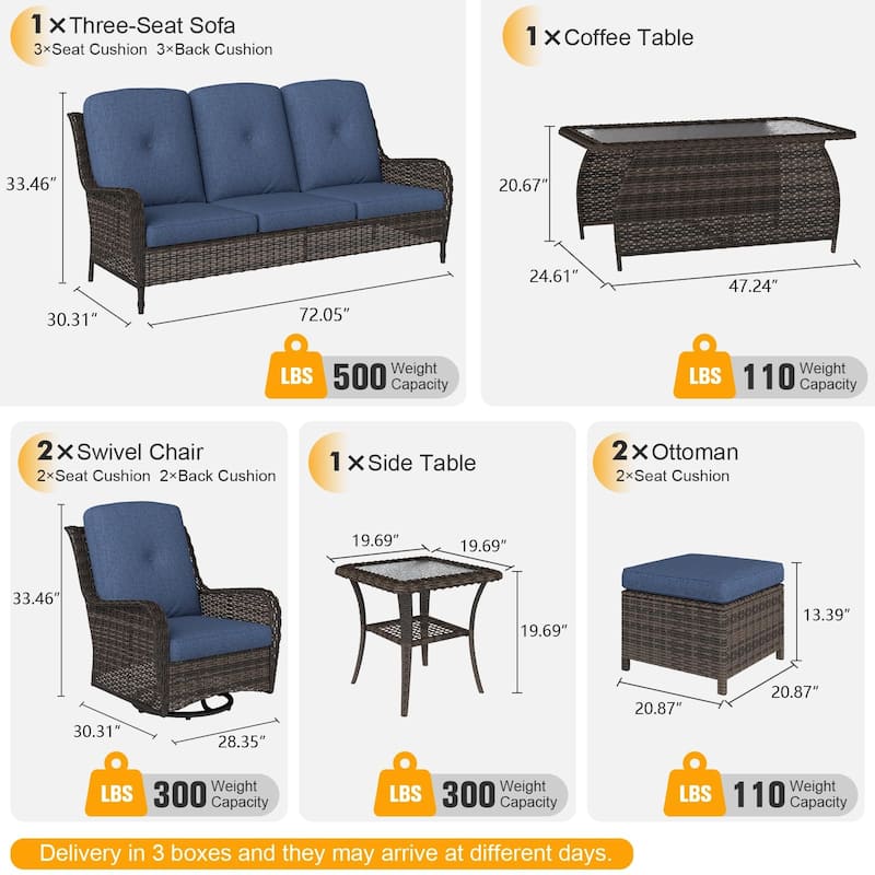 7 Pieces Patio Furniture Set with Swivel Rocking Chair, Coffee Table, Side Table for Backyard, Garden, Navy Blue/Beige/Orange