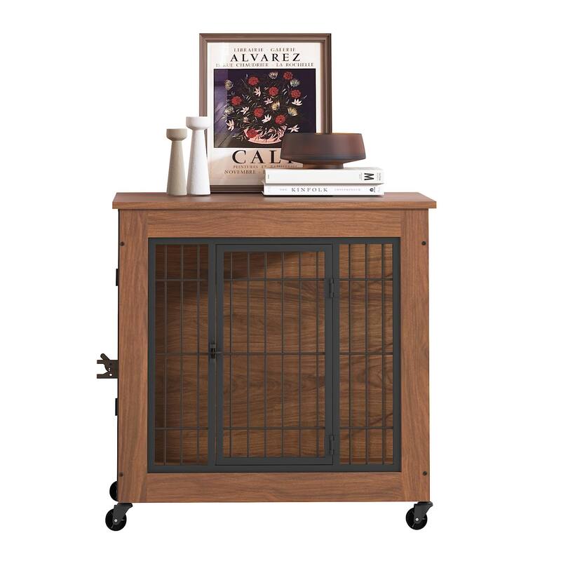 27.2" Dog Crate Furniture with Wheels for Small Dogs, Heavy Duty Dog Kennel Indoor with 2 Doors, Double-Doors Sturdy Dog Cage