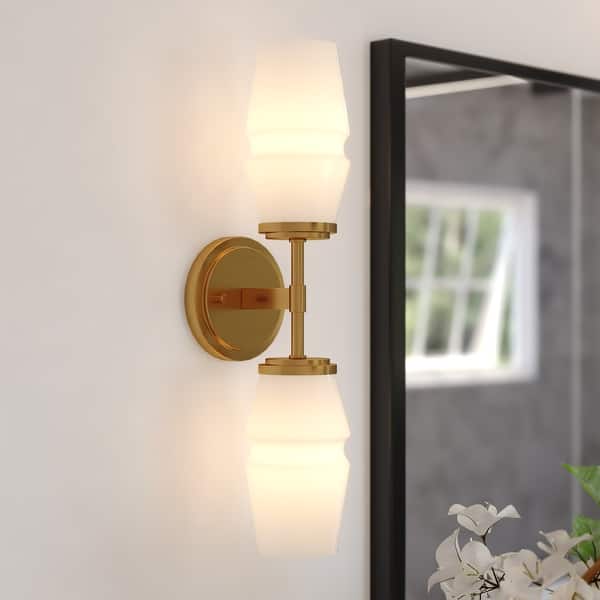 slide 2 of 12, Warren 2-Light 4.75 in. Mid-Century Modern Wall Sconce, Clear Glass, Dimmable, LED Compatible, Bathroom Vanity Fixture Brushed Brass - 4.75-in W x 18.5-in H x 5.5-in D