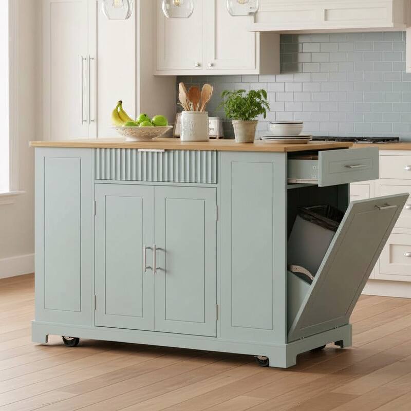 Rolling Kitchen Islands on 5 Wheels with 3 Drawer, 3 Open Side Racks for 10 Gallon Garbage Bin - Blue