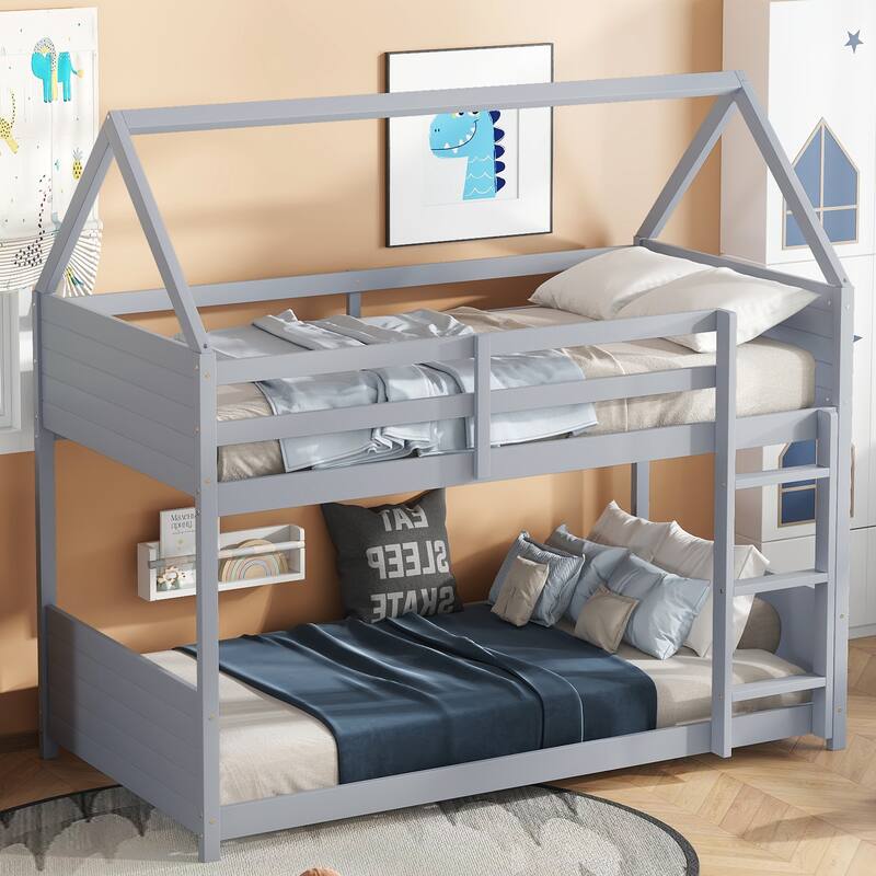 Twin Over Twin House Floor Bunk Bed with Headboards, Footboards, Guardrails, Ladder, Grey