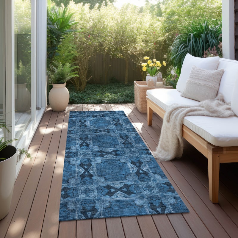 Machine Washable Indoor/ Outdoor Boho Medallions Chantille Rug - Navy - 2'3" x 7'6"