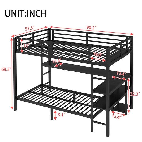 Full Over Twin Bunk Bed with L-shaped Desk, LED Lights, USB Ports and Shelves, Black Metal Bed Frame with Ladders and Guardrail