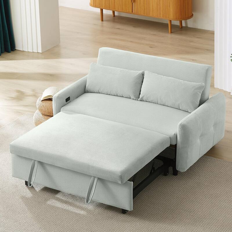57.48" Corduroy Convertible Sofa Bed with Pull-Out Sleeper, Adjustable Backrest & USB - Pale Green