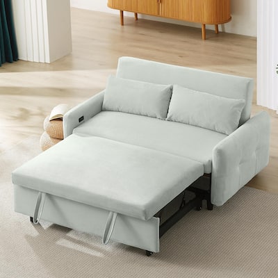 57.48" Pull-out Convertible 2 Seat Loveseat Sofa Bed with USB Ports, Pale Green Corduroy