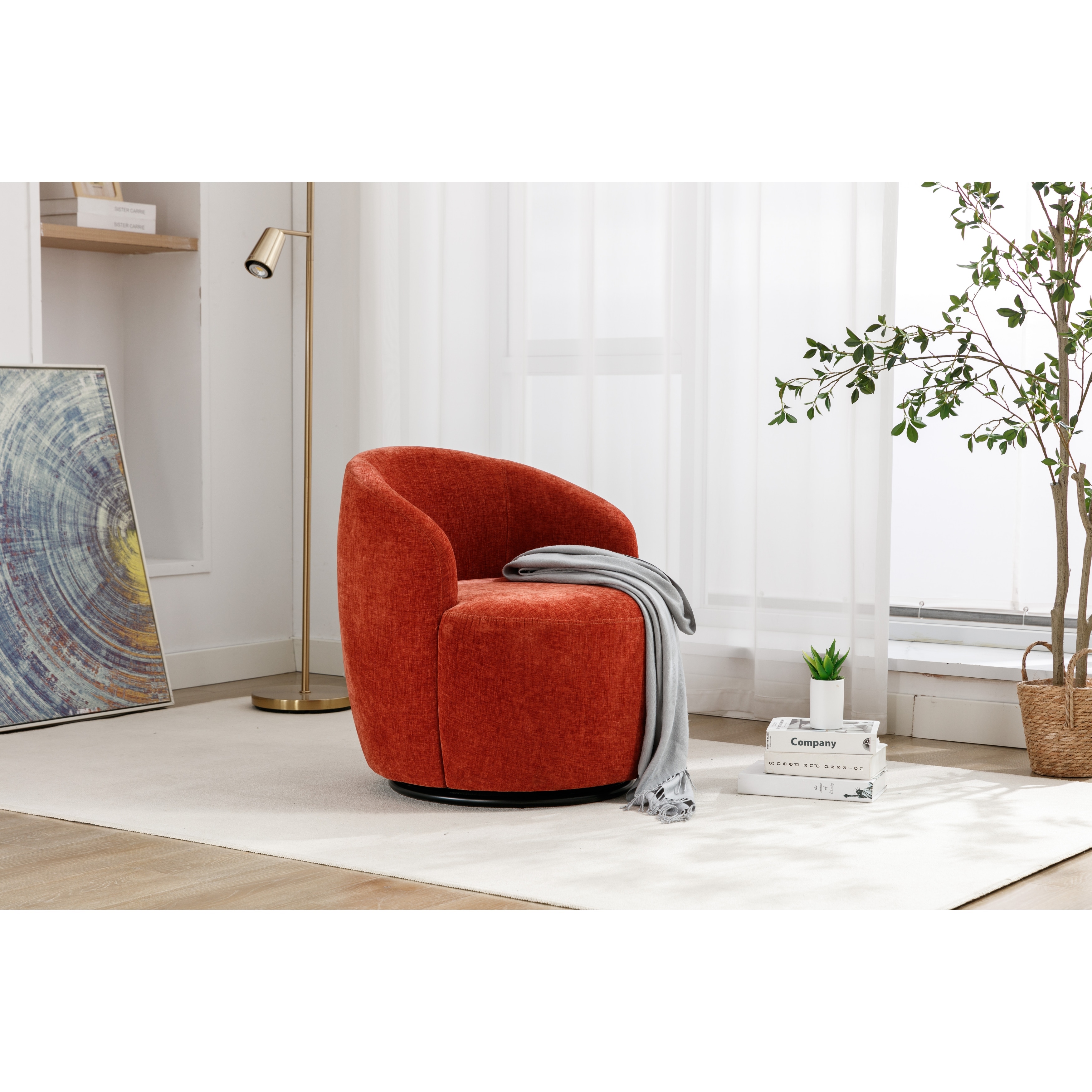 Round Accent Chair Barrel Chair with Black Powder Coating Swivel Chair Club Chair Armchair for Living Room,Orange