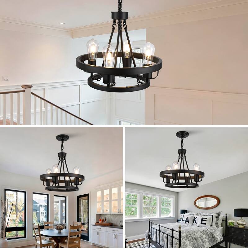 Four-Light Plug-In Pendant Lamp, Carriage Wheel Design, Circular Metal Pendant With 39.5-Foot Chain, For Bedrooms Dining Rooms