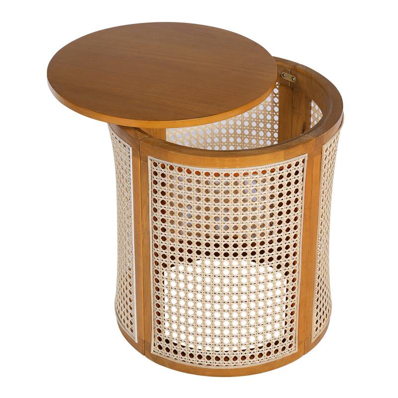 Roomfitters 15.7" Round End Table, Modern Hollow Woven Side Table with Solid Rubber Wood Tabletop and Rattan Accents